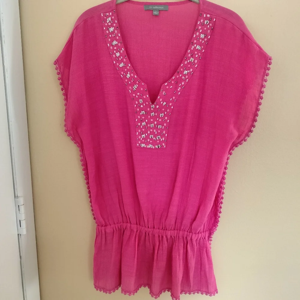 NY Collection Pink Embellished Blouse Top Swimsuit Cover L Vacation Beach Pool